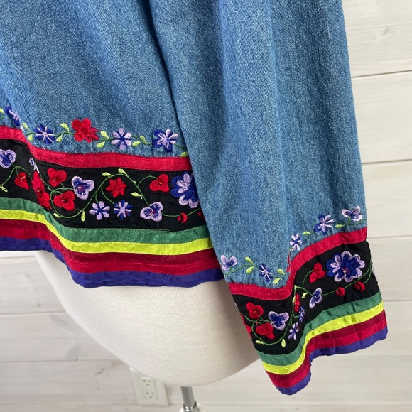 Tantrum Blues Blue Denim Jacket Women's Embroidered Flowers Ribbon Trim - Picture 3 of 7